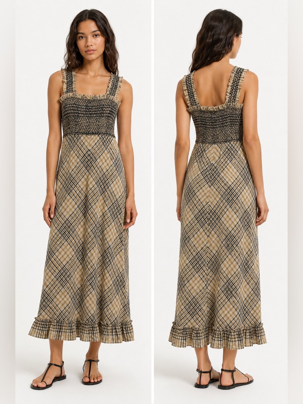 Ganni beige/black neutral smocked seersucker maxi dress